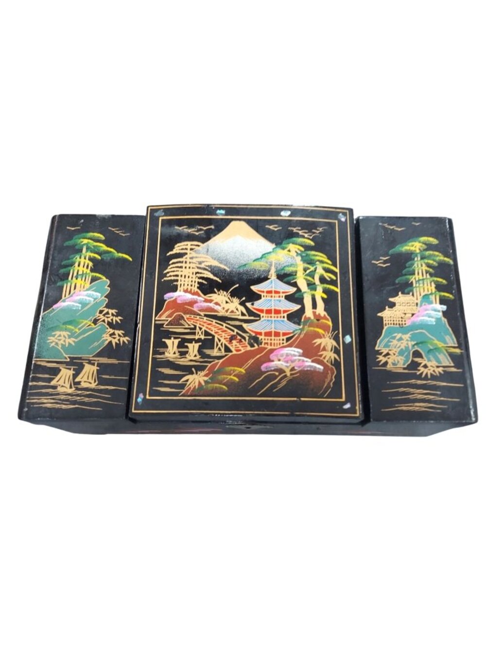 Vintage Japanese Black Lacquer Jewelry Box With Mirror And Scenic Pagoda Design